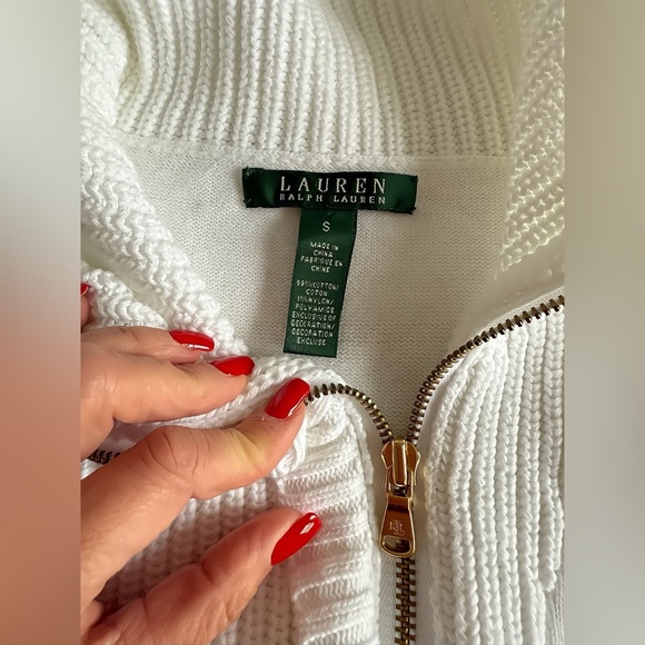 Lauren Ralph Lauren White Nautical Sweater W’s Small Gold Zip Rib Knit LRL Logo - Picture 4 of 9